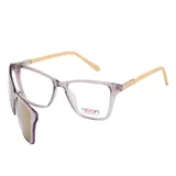 Lentes de receta con armazón de acetato transparente en tono lila y patillas en color beige. Incluye un clip-on magnético con lentes oscuros para convertirlo en anteojos de sol.