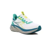 Championes deportivos Diadora modelo Proton para mujer, color blanco con detalles en turquesa, amarillo neón y azul oscuro. Presentan una suela gruesa y texturizada en tonos gris y azul.