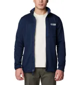 Buzo polar Columbia de tejido tipo sweater, color azul marino, con cierre frontal completo, cuello alto y bolsillo con cierre en el pecho. Cuenta con refuerzos en la zona del pecho y logo de la marca aplicado.