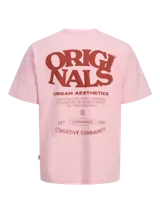 Camiseta rosa de algodón orgánico con cuello redondo y estampado en el frente con la leyenda 'Originals Urban Aesthetics'.