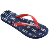 Ojotas Havaianas Top Nautical con base azul marino estampada con motivos náuticos en blanco y tiras rojas con textura.