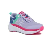 Championes de running Diadora Bresh, color lila con detalles en fucsia, verde y azul, con suela chunky blanca y fucsia.