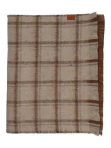 Bufanda de diseño reversible, con un lado en color marrón liso y el otro lado con estampado de cuadros en tonos beige y marrón. Presenta bordes desflecados y una pequeña etiqueta decorativa.