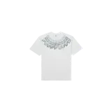 Remera blanca de manga corta de la colaboración entre Supreme y MM6 Maison Margiela, con un estampado de billetes de cien dólares dispuestos en forma de collar alrededor del cuello.