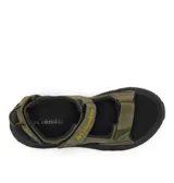 Sandalias de trekking Columbia modelo Konos Hiker 3-Strap, color verde militar con suela negra. Cuentan con tiras de ante y piel sintética con ajuste de velcro y detalles de la marca en amarillo.