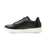 Championes urbanos Korium modelo Alida, de color negro con suela blanca y detalle metálico dorado en el lateral de la entresuela. Presentan un diseño de ecuero con cordones al tono y logo circular decorativo en el lateral.