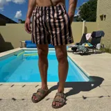 Short de baño con rayas verticales en verde y negro, con cintura elástica ajustable con cordón y logo estampado en la pierna.