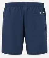 Bermuda de baño azul marino con cintura elástica, cordón de ajuste, bolsillos cargo y detalles de rayas laterales blancas.