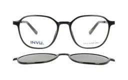 Lentes de receta con armazón negro de forma redondeada, incluye clip-on magnético polarizado para convertir en lentes de sol.