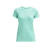 Remera Under Armour Tech para mujer, color coral con textura jaspeada y logo en el pecho.