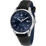 Reloj Maserati para hombre, modelo Sorpasso, con caja plateada de acero inoxidable, esfera azul con números arábigos y correa de cuero negro.