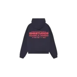 Hoodie oversize de color azul marino con capucha y gran estampado gráfico en la espalda en tono rojo, con inscripciones de la marca y logotipos.