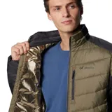 Campera técnica Columbia Labyrinth Loop II, con tecnología Omni-Heat Infinity y Omni-Shield. Presenta diseño acolchado en color verde oliva con paneles laterales y mangas en color negro, cierre frontal completo, cuello alto con protección de barbilla y bolsillos con cierre.