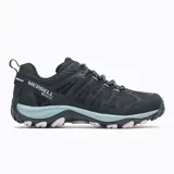 Championes de senderismo Merrell modelo Accentor 3 Sport GTX, color negro con detalles en celeste y suela con relieve. Diseñados con membrana impermeable GORE-TEX, puntera protectora y entresuela de espuma EVA para mayor estabilidad y absorción de impactos.