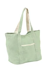 Bolso tipo tote de tela color verde agua con detalles en crudo en asas, borde superior y bolsillo frontal.