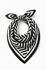 Pañuelo cuadrado de seda con estampado geométrico de rayas en blanco y negro, anudado en la parte superior.