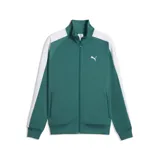 Campera deportiva Puma con cierre frontal, cuello alto y puños acanalados. Diseño en color verde esmeralda con franjas blancas laterales en las mangas y logo de la marca estampado en el pecho.