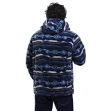 Canguro de sherpa con cierre frontal completo, capucha y bolsillos laterales. Presenta un estampado geométrico multicolor en tonos azules, grises y blancos. Confeccionado en tejido térmico de textura gruesa.