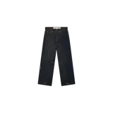 Pantalón de jean Eme Studios modelo Moss Raw Denim, color azul oscuro, de corte recto y holgado. Cuenta con costuras en contraste, bolsillos laterales y detalles de bordados sutiles en la parte inferior de las piernas.