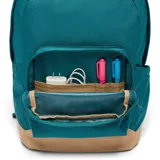 Mochila urbana Columbia de 22 litros, color azul petróleo con base en tono beige. Cuenta con compartimento principal con cierre, bolsillo frontal con organizador, funda interna para laptop de hasta 15 pulgadas, respaldo acolchado y correas ajustables.