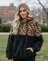 Buzo tipo canguro de polar, con diseño combinado en animal print de leopardo en la parte superior y color gris claro en la parte inferior. Cuenta con capucha, cordones ajustables y cierre frontal.