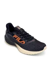 Championes deportivos Fila modelo Efecto para mujer, en color azul marino con suela beige y detalles en naranja. Cuentan con capellada de malla transpirable y cordones ajustables.