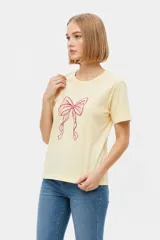 Remera marrón de manga corta y cuello redondo, de corte holgado, con estampado frontal alusivo a frutos del mar y texto "fruits de mer".