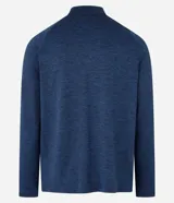 Remera deportiva térmica de hombre, color azul melange, de manga larga con corte raglán, cuello alto y cierre frontal parcial.