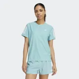 Remera de running Adidas de manga corta, color celeste claro, con cuello redondo. Presenta las tres franjas características de Adidas en blanco en las mangas y el logo de la marca en blanco en el pecho.