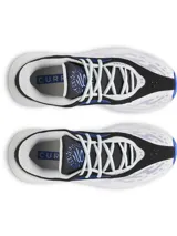 Championes de básquetbol Under Armour Curry Splash 25, con diseño de malla transpirable en color blanco y detalles en negro y azul. Cuenta con entresuela Micro G para mayor amortiguación y suela de goma resistente para tracción en diversas superficies.