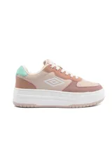 Championes de plataforma Umbro modelo Milo-High, en combinación de tonos beige, rosado y detalles en verde menta, con suela chunky blanca.