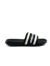 Ojotas Umbro modelo Ports para mujer, color negro con tira ancha que presenta el logo de la marca impreso en blanco y líneas verticales decorativas en blanco y dorado.