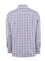 Camisa de manga larga para hombre, confeccionada en algodón orgánico con tecnología Natural Flex y diseño de cuadros multicolor en tonos azules, rosados y blancos. Cuenta con cuello camisero, cierre frontal de botones, bolsillo en el pecho con detalle bordado y ajuste regular fit.