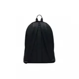 Mochila Lacoste de diseño urbano en color negro, confeccionada en material sintético resistente. Presenta un compartimento principal con cierre y un bolsillo frontal con cierre, ambos decorados con una cinta distintiva que lleva el nombre de la marca estampado en blanco. Incluye tiradores de cierre ergonómicos y asa superior.
