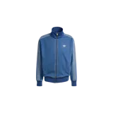 Campera deportiva Adidas modelo Firebird Track Top confeccionada en denim, con cuello alto, cierre frontal y las clásicas tres tiras en las mangas.