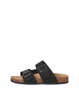 Sandalias estilo Birkenstock color negro con dos tiras ajustables con hebillas metálicas, plantilla anatómica con reborde de corcho y suela de goma.