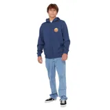 Canguro con cierre frontal completo, capucha con cordones ajustables y bolsillos tipo canguro. Presenta un estampado circular pequeño en el pecho con el logo de la marca en tonos cálidos.