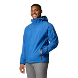 Campera impermeable Columbia con tecnología Omni-Tech, diseñada para senderismo. Presenta capucha ajustable, cierre frontal con solapa, ventilación en axilas, bolsillos con cremalleras resistentes al agua y puños ajustables.