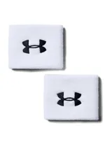 Par de muñequeras deportivas Under Armour, color blanco, confeccionadas en tejido absorbente de alto rendimiento con el logo de la marca bordado en negro.