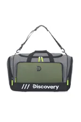 Bolso deportivo Discovery con compartimento principal, bolsillo lateral para calzado y correa ajustable desmontable. Diseño en combinación de gris, verde oliva y negro con detalles en verde flúor.