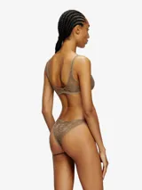 Bombacha de encaje jacquard elástico con motivo camuflado en tonos marrones y logo Oval D bordado en el frente.