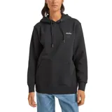 Canguro negro con capucha, cordones ajustables, bolsillo canguro frontal y logo "Rhythm." bordado en el pecho.