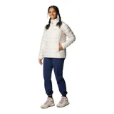 Campera puffer Columbia de mujer con tecnología termorreflectante Omni-Heat, repelente al agua Omni-Shield y aislamiento sintético Thermarator. Presenta cierre frontal completo, cuello alto con protección de barbilla, bolsillos laterales con cremallera y dobladillo ajustable.