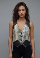 Chaleco ajustado con escote en V, cierre frontal con botones y detalles de tachas doradas. El cuerpo principal presenta un estampado de piel de serpiente en tonos beige y azul verdoso, contrastado con paneles de cuero negro en los hombros y el bajo.