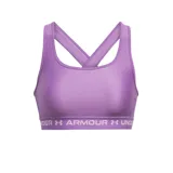 Top deportivo Under Armour de soporte medio, color negro, con diseño de espalda cruzada y banda elástica inferior con el logo de la marca estampado.