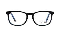 Lentes de receta Focus Premium modelo 4183, con armazón de acetato negro en el frente y patillas en color azul. Diseño de marco completo con forma rectangular redondeada.