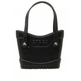 Bolso tipo tote Crocs color negro, fabricado en material sintético perforado con detalles texturizados en la base, doble asa superior y logo de la marca en relieve en el frente.