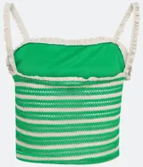 Blusa musculosa cropped de punto, con diseño de rayas horizontales en verde y blanco, escote recto y tirantes finos con detalles de volados.