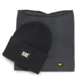 Set compuesto por un gorro tipo beanie de tejido de punto negro con parche frontal de la marca y un cuello térmico de polar gris con etiqueta de la marca.