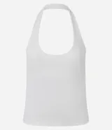 Blusa negra de punto roma, con diseño de cuello halter y espalda descubierta.